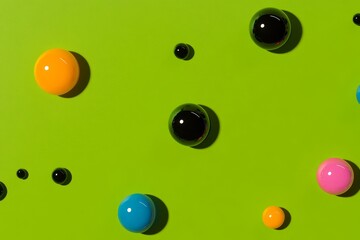 The rendering shows colorful spheres and cones on a green background