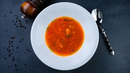 Tomato soup with meat, potatoes, spices and onion.
