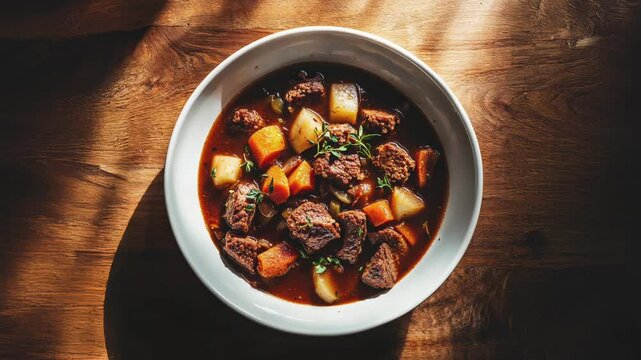 Rustic Beef Stew with Vegetables in White Bowl on Wooden Table