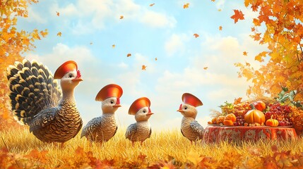 A whimsical scene of cartoon turkeys wearing hats, surrounded by autumn leaves and a festive display of pumpkins.