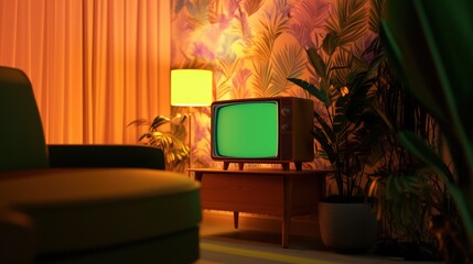 Vintage Living Room with Retro TV and Patterned Wallpaper