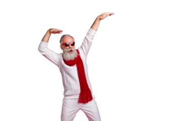 Modern santa character aged man moving like star at party wear sun specs knitted clothes isolated red background