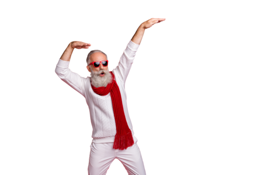 Modern santa character aged man moving like star at party wear sun specs knitted clothes isolated red background