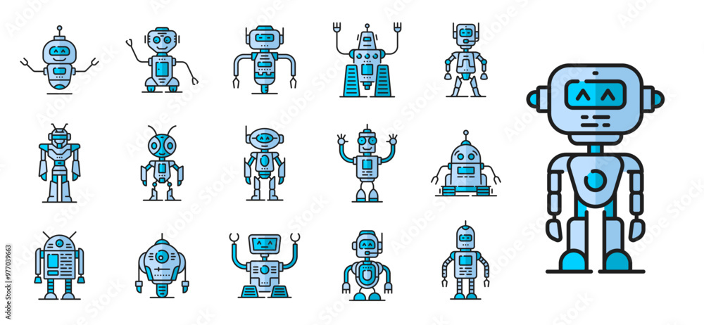 Leinwandbilder color robot line and outline icons of cartoon toy cyborg or robotic android bot, vector characters. 