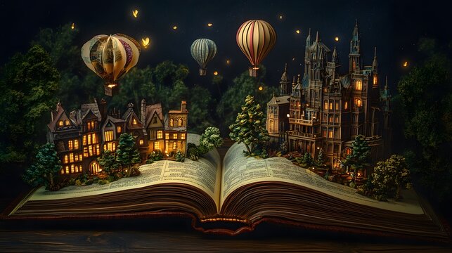An open book with an intricate paper sculpture of a fantasy world coming to life, complete with floating balloons and castles