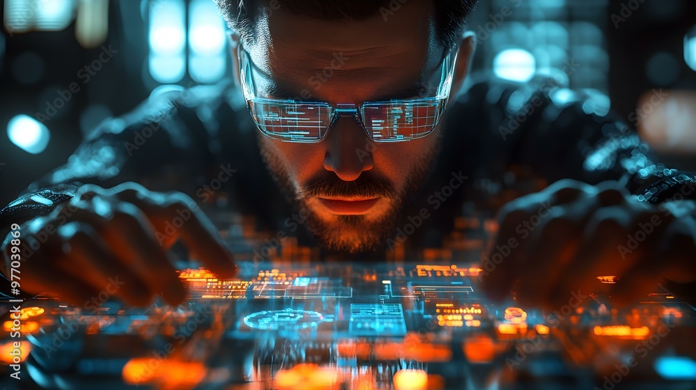 Poster futuristic programmer, immersed in a high-tech interface, surrounded by glowing digital elements, sh