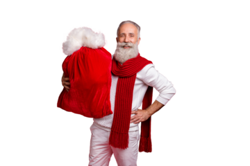Stylish aged man improvisation modern santa with large bag wear sweater white pants isolated red background