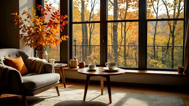 A cup of coffee on the table next to a cozy chair, surrounded by orange and yellow leaves. autumn window view outside Seamless looping 4k time-lapse animation video background