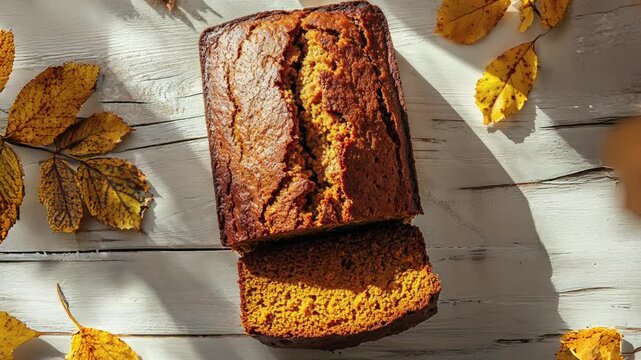 Homemade Pumpkin Bread with Autumn Leaves on Wooden Table