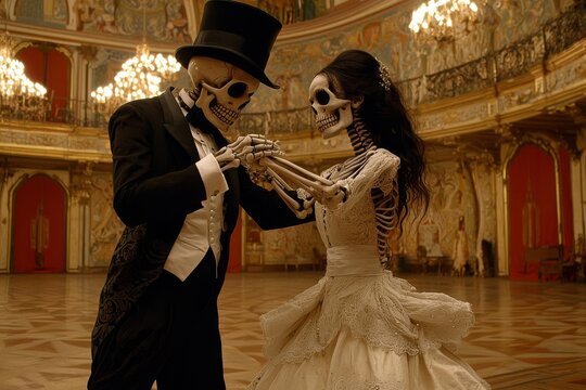 Elegant skeleton bride and groom, intricate wedding dress, top hat, dancing in abandoned baroque ballroom, dust motes in air, muted colors