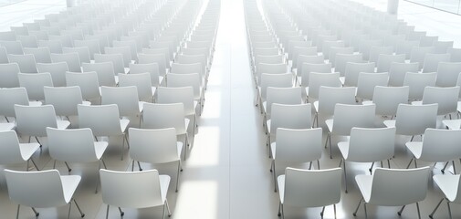 Fototapeta premium A serene and spacious setup featuring multiple rows of empty white chairs, perfect for events, gatherings, or presentations.