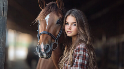 Fototapeta premium Girl standing next to a brown horse outdoors in a stable