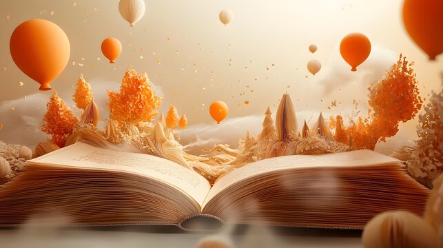 An open book with an intricate paper sculpture of a fantasy world coming to life, complete with floating balloons and castles