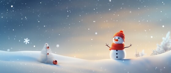 Cheerful snowman in a snowy landscape, wearing a bright orange hat and scarf, enjoying a snowy winter day with playful atmosphere.