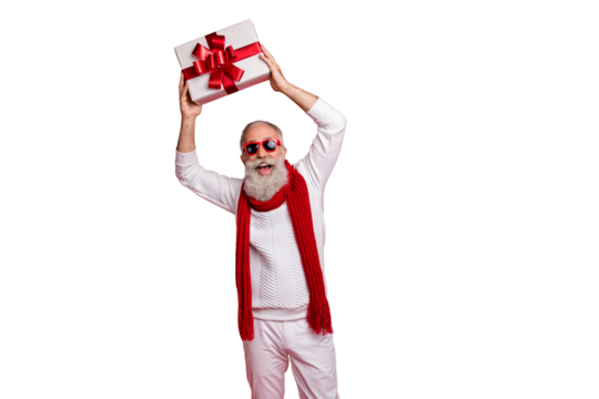 Cool aged santa like man came 2020 party with big giftbox wear sun specs knitted jumper isolated red background