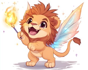 Magical lion cub with sparkling wings, playfully waving a glowing wand, radiating joy and wonder in a whimsical fantasy landscape.