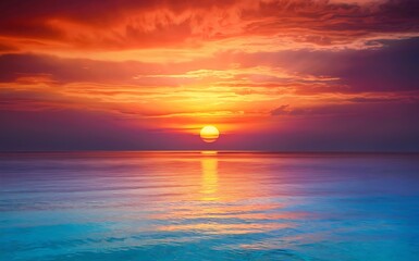 Fototapeta premium Generative-AI, Breathtaking Sunset Over a Vibrant Ocean with a Silhouetted Sailing Ship and Birds Soaring