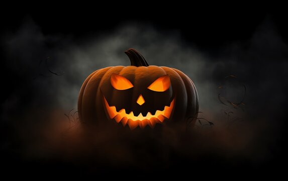 Spooky Halloween pumpkin glowing in the dark, perfect for festive decor and seasonal themes.
