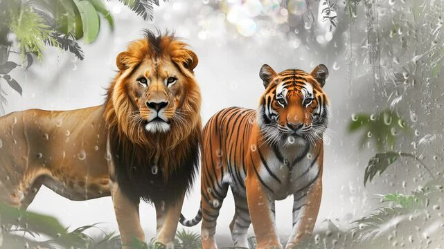 A white lion and tiger, smooth looping video 4K 