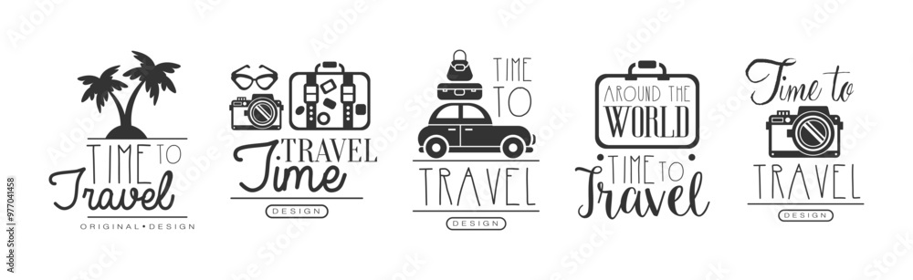 Poster time to travel original design with object silhouette vector set