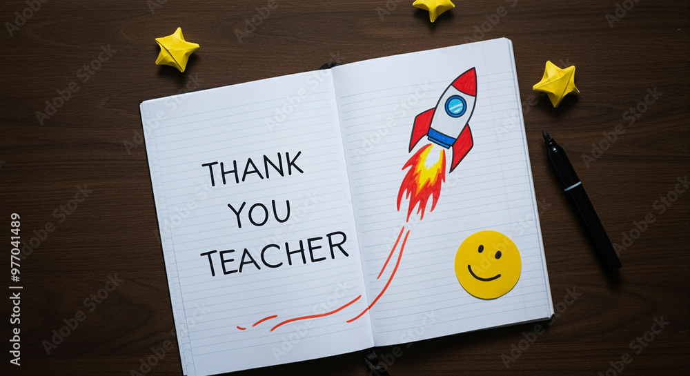 Poster notebook with thank you teacher message and rocket drawing on desk