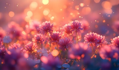 Enchanted Floral Glow, a serene field adorned with vibrant pink flowers shimmering in a warm, golden light, evoking a magical, dreamlike atmosphere.