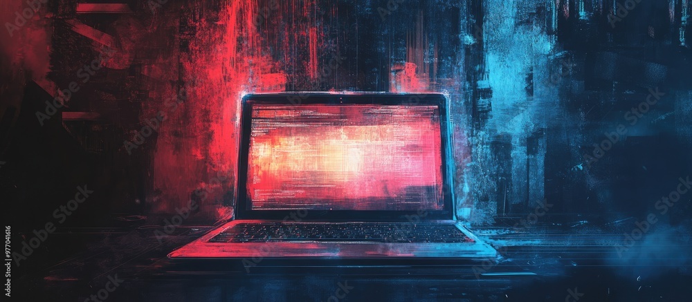 Poster illuminated laptop device in a creative mixed media composition