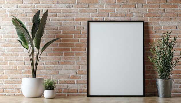 A large frame mockup with a blank canvas, leaning against a brick wall, capturing an urban, contemporary feel