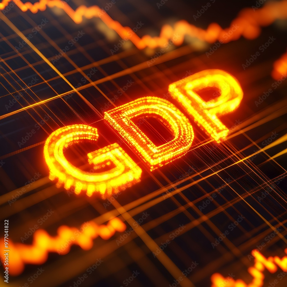 Poster dynamic representation of gdp, financial growth indicator, illuminated text against a background of 