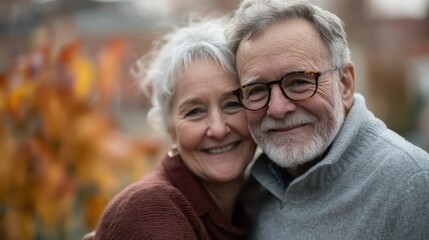 An older couple stands closely together, smiling warmly amidst an autumnal landscape, symbolizing enduring love and companionship through the seasons of life.