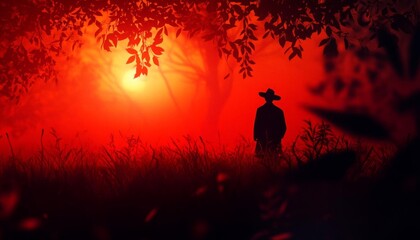 Fototapeta premium A mysterious silhouette of a person stands amid trees, illuminated by a vibrant red sunset, creating an eerie, enchanting atmosphere.
