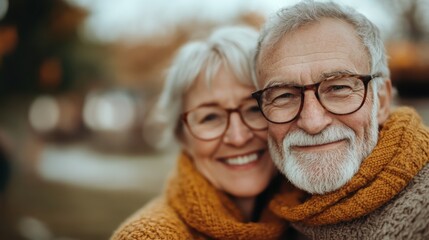 An old couple warmly embracing, wearing knitted sweaters and glasses while enjoying a serene autumn day, showcasing love and companionship in their later years.