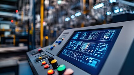 A modern factory control panel with a combination of touchscreens, dials, and buttons, managing automated equipment for manufacturing.