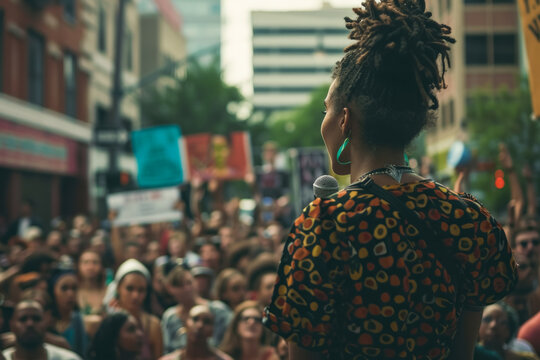 Woman addressing a Juneteenth demonstration, with her back to the camera, facing a large crowd holding signs, embodying the essence of cultural pride and advocacy