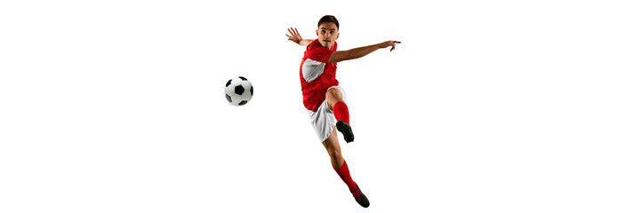 Banner. Yung sporty man in athletic gear leaping in motion to kick ball his partner against white background. Movement. Concept of championship, sport events, final game. Ad