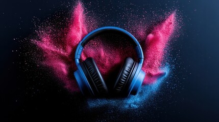 An energetic and vivid image of blue headphones accompanied by a dual explosion of red and blue...