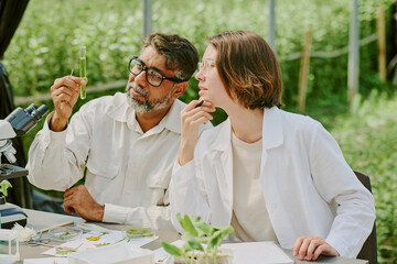 Two scientists analyzing plant samples outdoors, holding test tube and discussing results,...