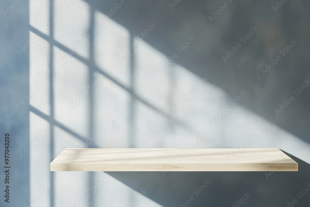Aufkleber display case with an empty shelf on a wood table and a wall background