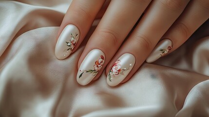A pair of elegantly manicured hands with soft pastel nails and subtle floral art, resting on a silky fabric.