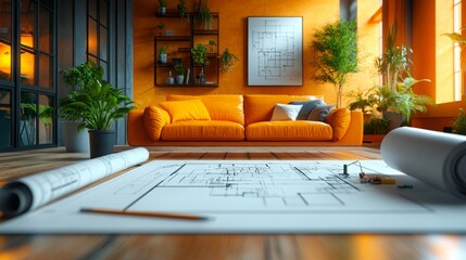A detailed architectural floor plan laid out on a table with drafting tools such as a compass, ruler, and triangle. The floor plan includes furniture layout and room design.
