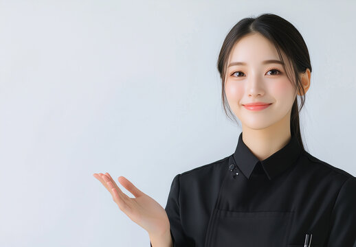 笑顔で案内するビジネスウーマン