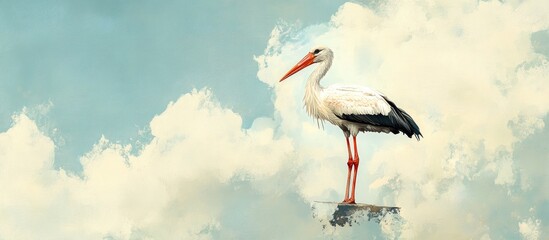 Stork perched atop a surface Mixed media artwork