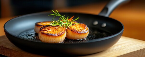 Perfectly browned scallops in a sizzling pan, focusing on the precise technique of searing to achieve a caramelized, flavorful surface