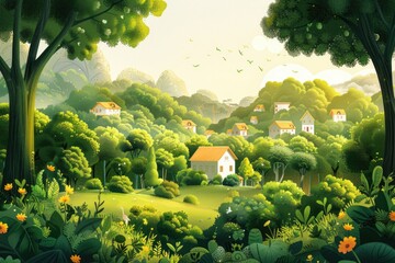 Idyllic Village in Lush Green Forest with Sunlit Homes and Nature