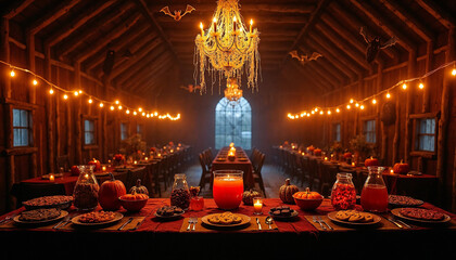 Halloween party in a rustic barn with spooky decor, treats, and eerie candlelight.






