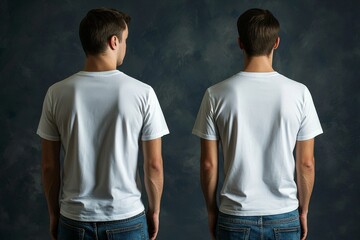 Front and back views of a young male wearing a white t-shirt. Design a template for a men's t-shirt and mock-up for branding or printing.
