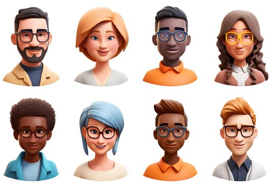 A set of 3D avatars featuring portraits of young people of different sexes on a white background, ideal for character creation in computer games or digital projects with diverse options.