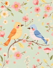 Vector illustration of a seamless floral pattern with cute birds in spring for Wedding, anniversary, birthday and party. Design for banner, poster, card, invitation and scrapbook

