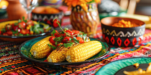 Fototapeta premium Grilled corn on the cob garnished with fresh herbs and tomatoes, served on a colorful plate with vibrant tableware, creating a festive and appetizing presentation