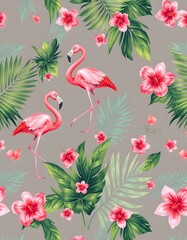 Tropical vintage pink flamingo, pink hibiscus, palm leaves floral seamless pattern grey background. Exotic jungle wallpaper.

